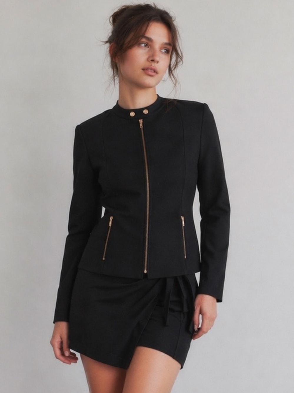 Calvin Klein Black Gold Zip Moto Jacket Structured Tailored Minimalist Size 12